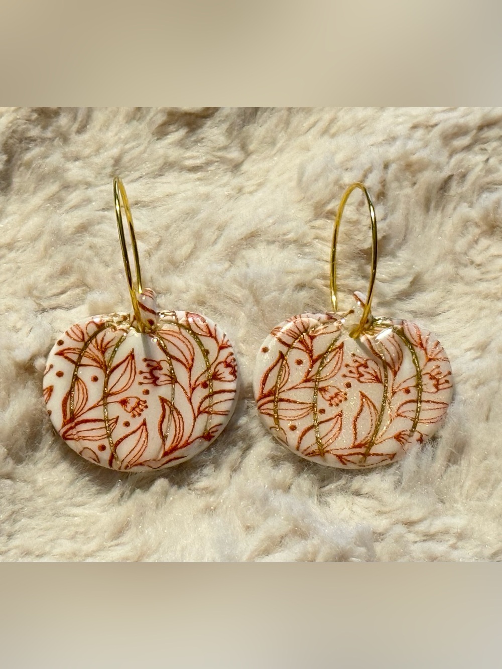Gold Hoop Pumpkin Earrings with Floral Design